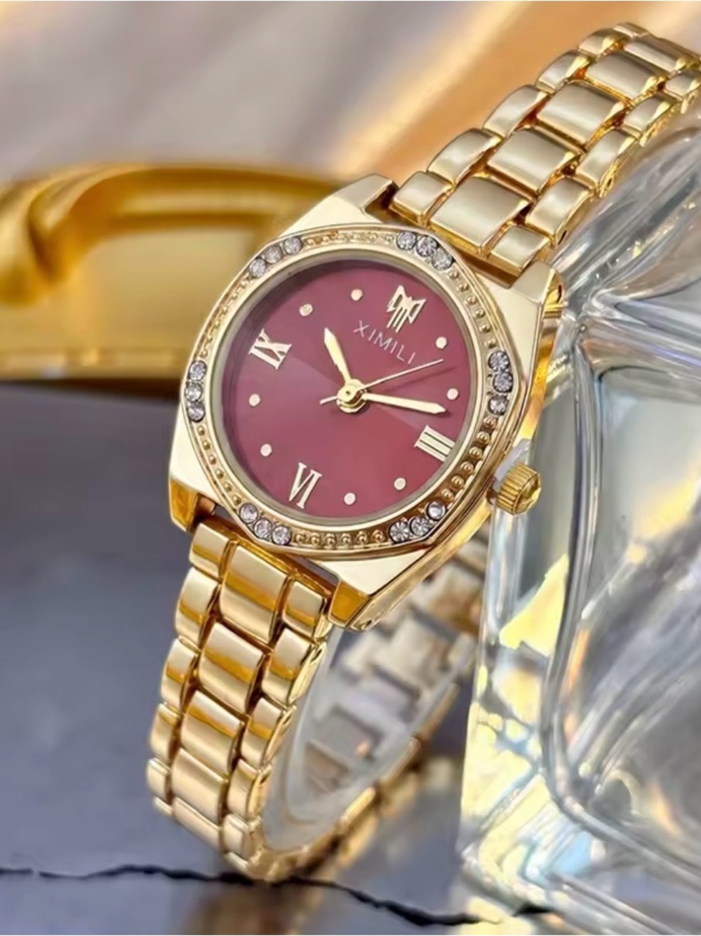 XIMIL Women’s Gold-Tone Watch with Rose Dial and Crystal Accents